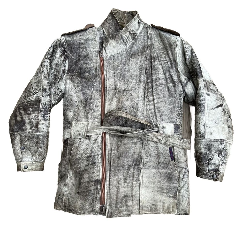 Men's Gray Distressed Leather Jacket with Belt